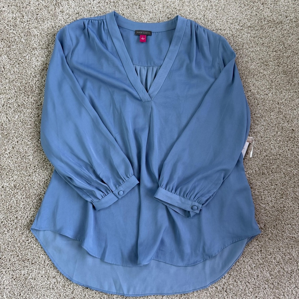 Vince Camuto Dusty Blue V-Neck Long Sleeve Blouse